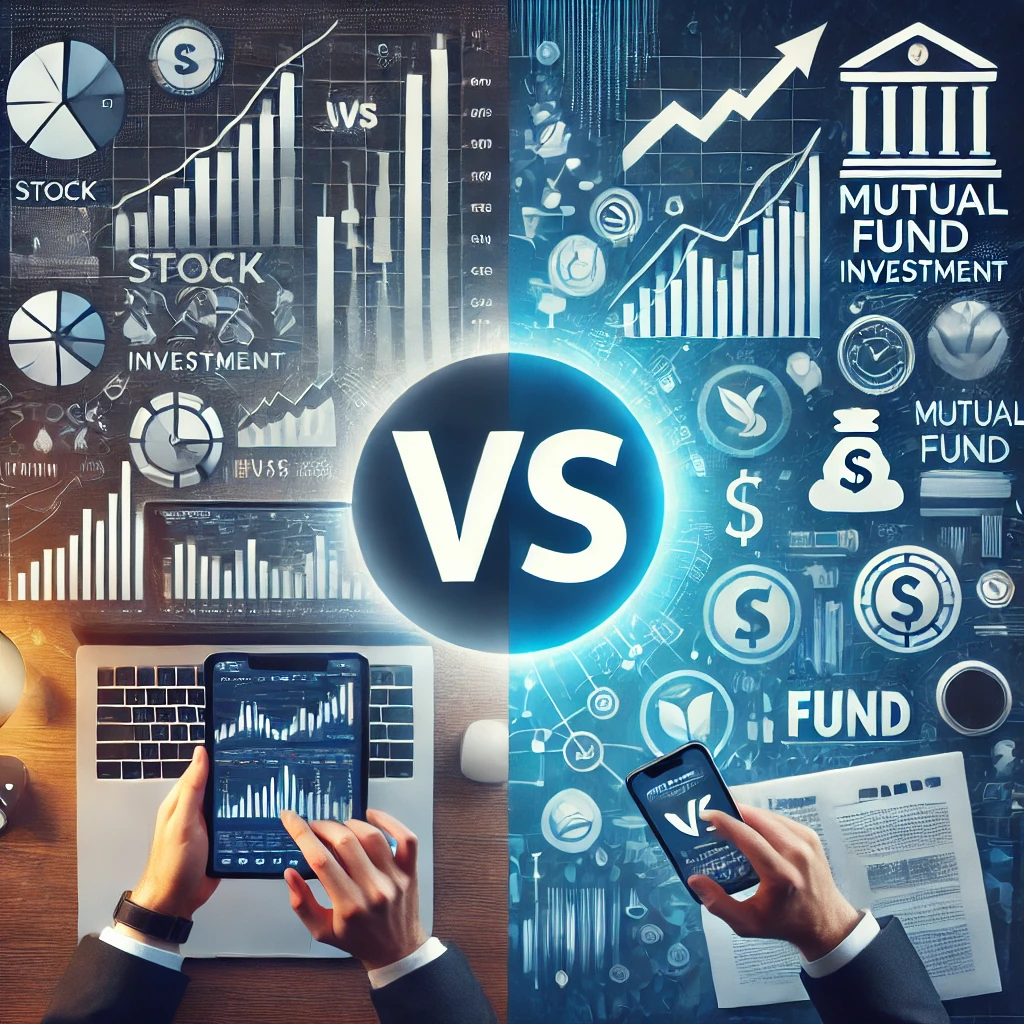 DALL·E 2024-12-07 11.59.43 - A professional feature image for a blog post about stock vs mutual fund investment, with a strong emphasis on the 'VS' in the center